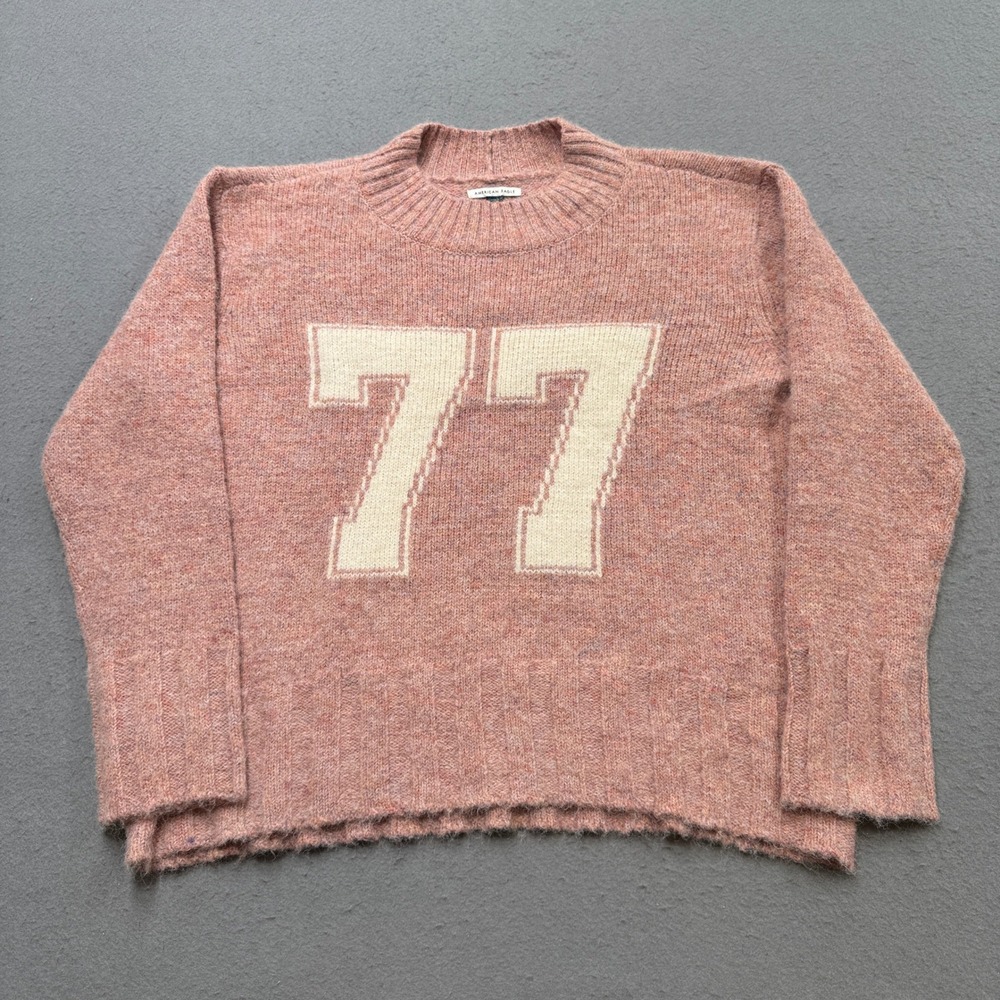 American Eagle Sweater Womens Medium Pink Oversized Faux Mohair Varsity Pullover